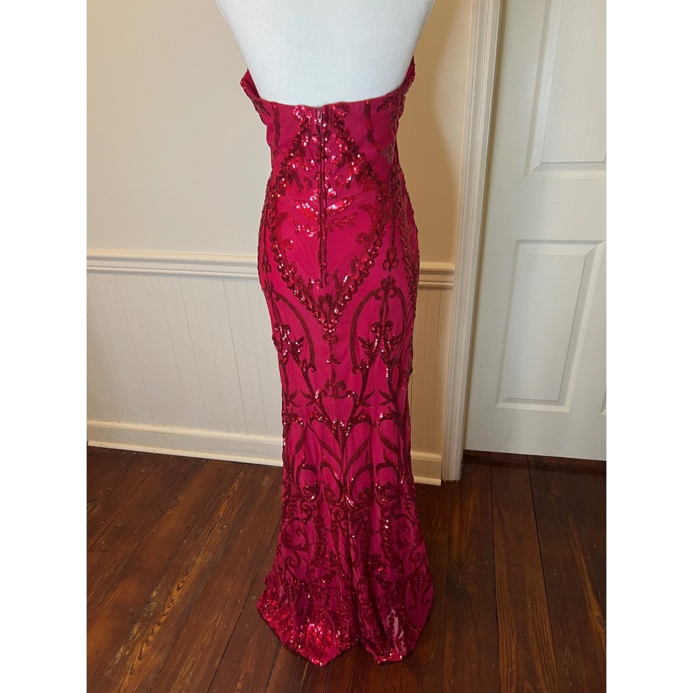 B. Darlin Red Sequin Halter Neck Formal Gown Damask Mermaid Maxi Dress Prom Gala - Picture 11 of 13